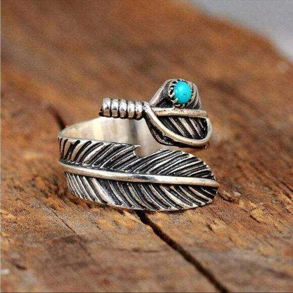 Boho Turquoise cuff adjustable feather ring - Picture 3 of 9